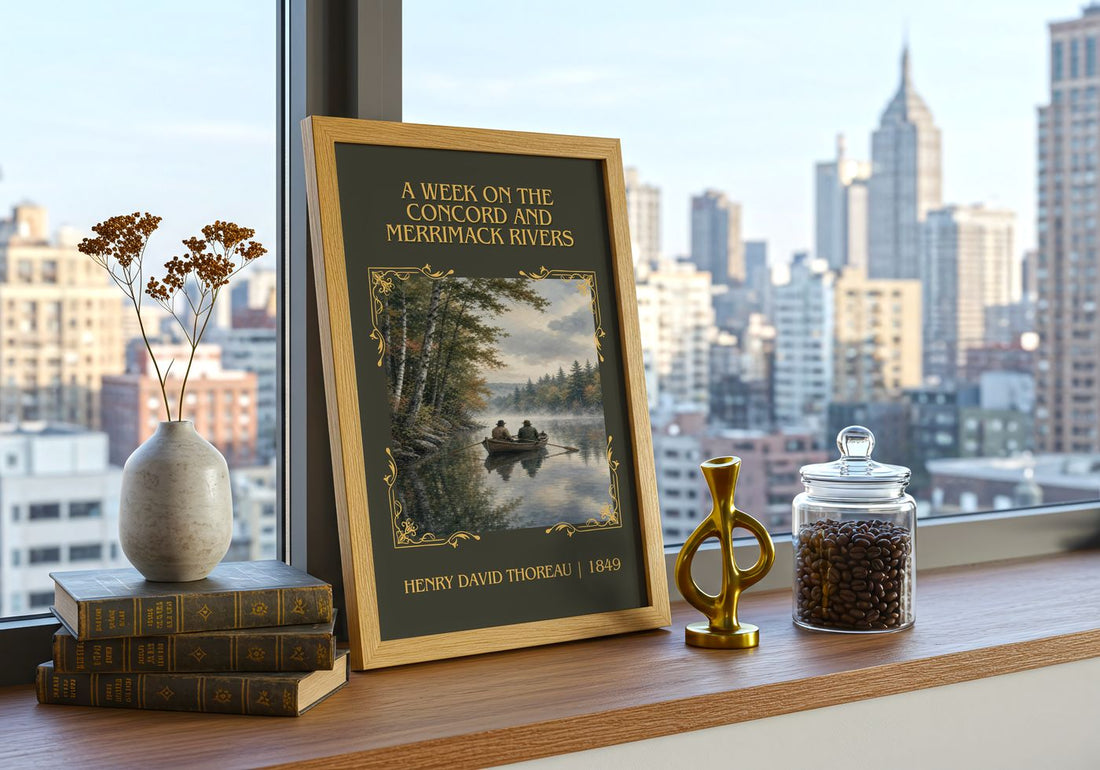 A Week On The Concord And Merrimack Rivers Classic Book Art Print by Henry David Thoreau – framed print on a city-view windowsill