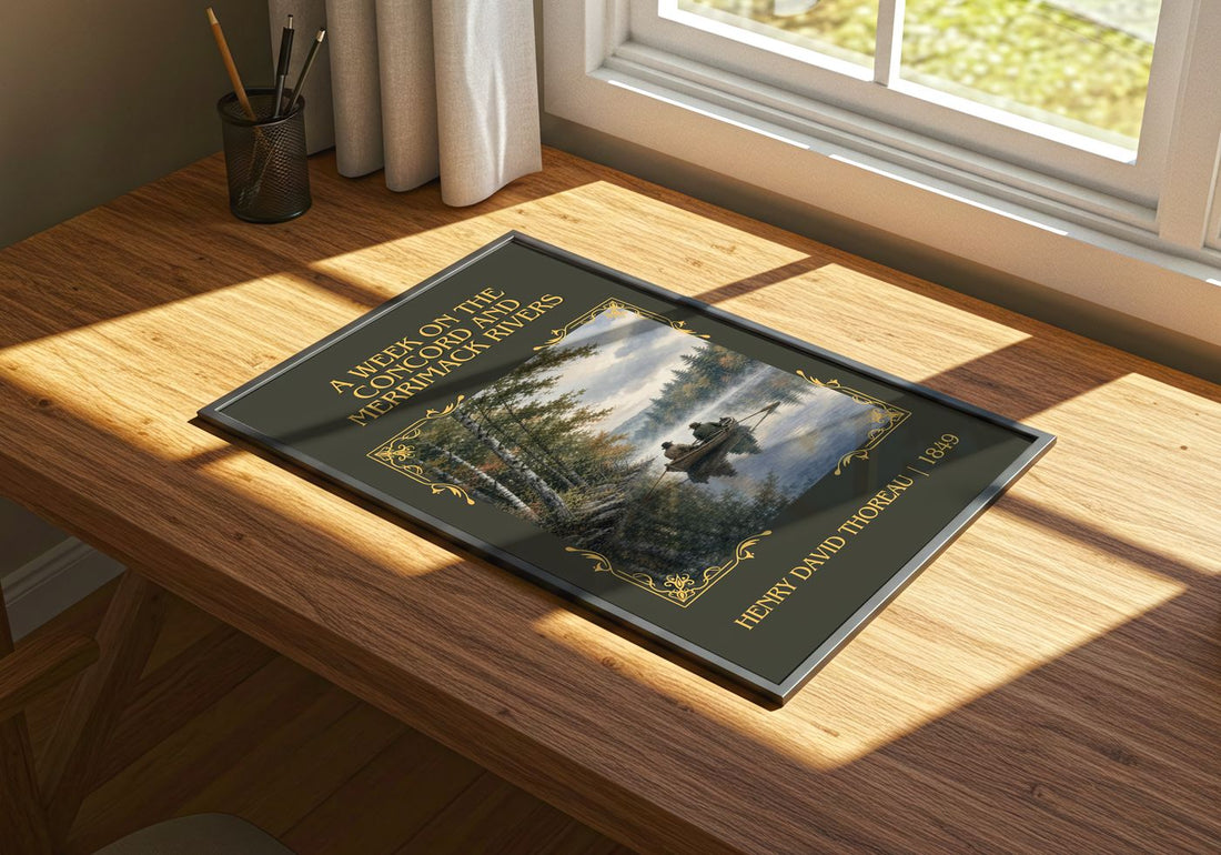 A Week On The Concord And Merrimack Rivers Classic Book Art Print by Henry David Thoreau – print on a sunlit desk