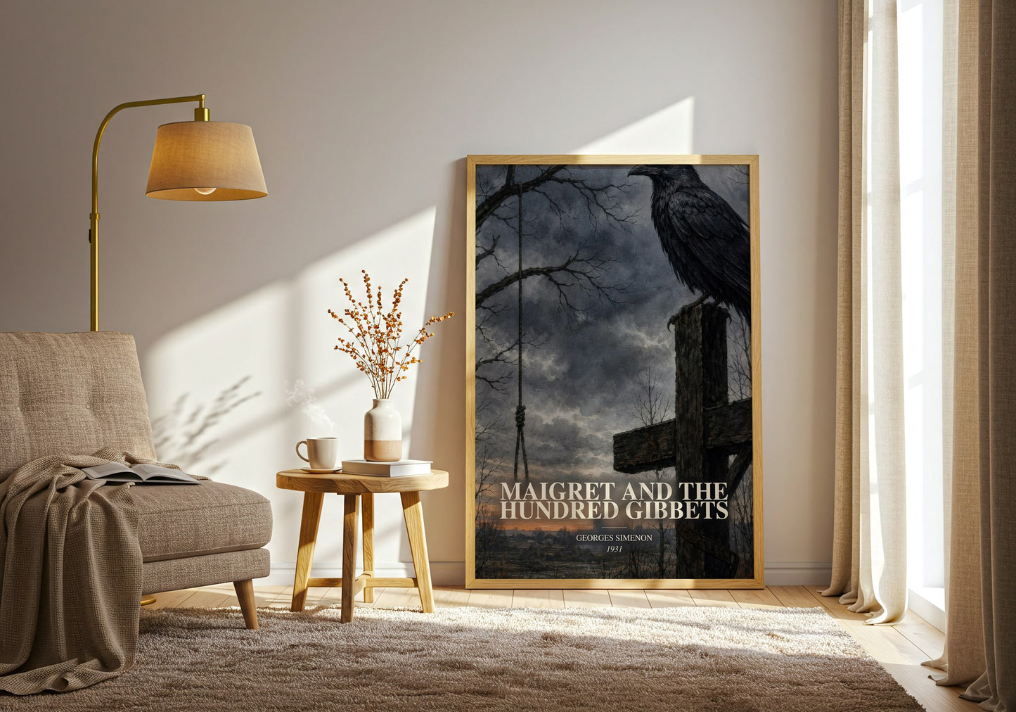 Maigret And The Hundred Gibbets watercolour print in frame leaning in hallway – mystery wall art