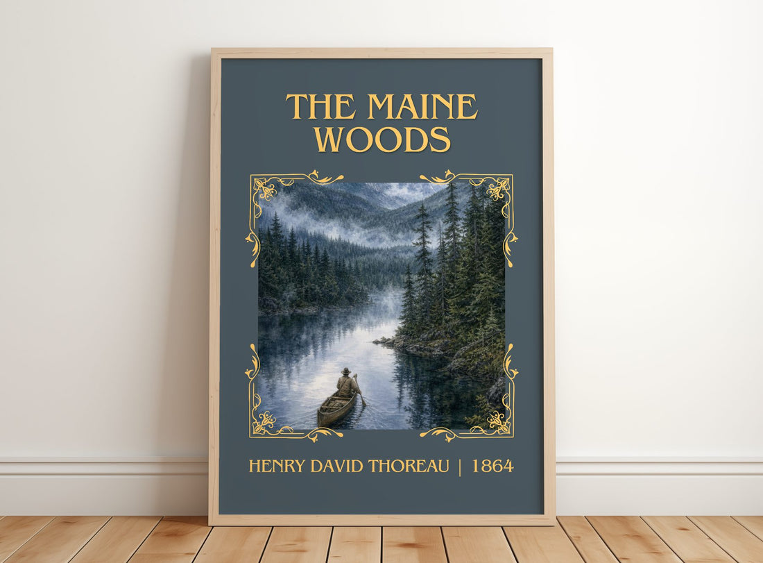 The Maine Woods Classic Book Art Print by Henry David Thoreau – framed print leaning on a wooden floor
