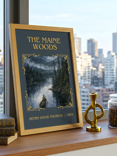 The Maine Woods Classic Book Art Print by Henry David Thoreau – framed print on a city-view windowsill