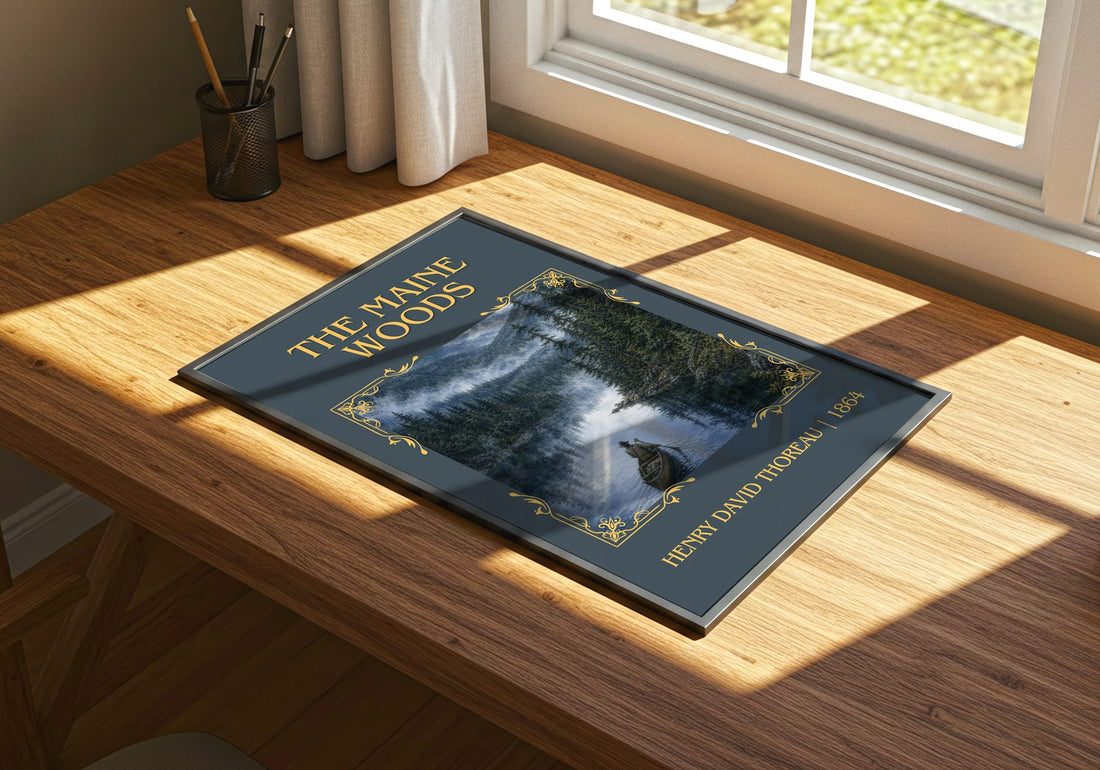 The Maine Woods Classic Book Art Print by Henry David Thoreau – print on a sunlit desk