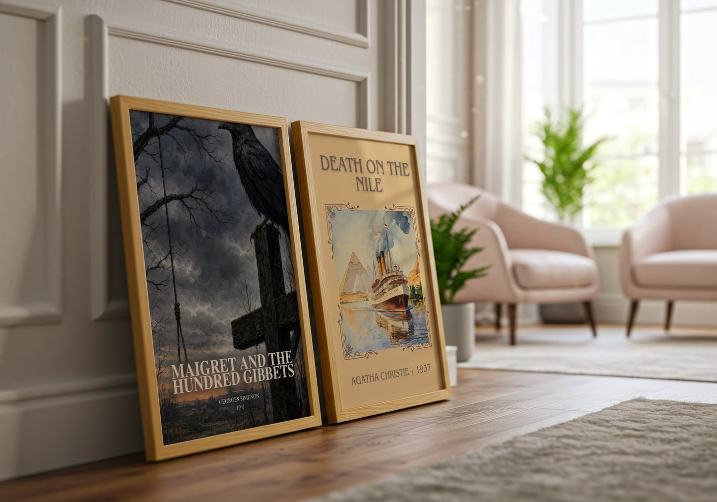 Maigret And The Hundred Gibbets watercolour print framed by window – literary home decor