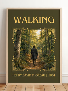 Walking Classic Book Art Print by Henry David Thoreau – framed print leaning on a wooden floor