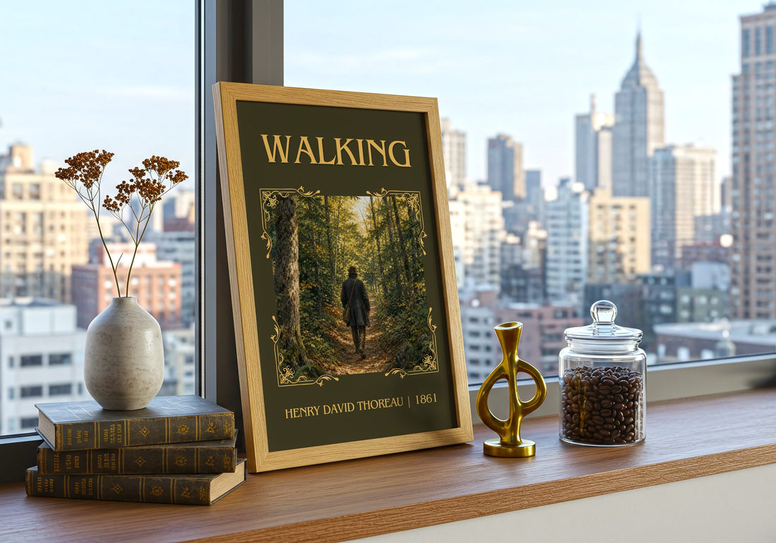 Walking Classic Book Art Print by Henry David Thoreau – framed print on a city-view windowsill
