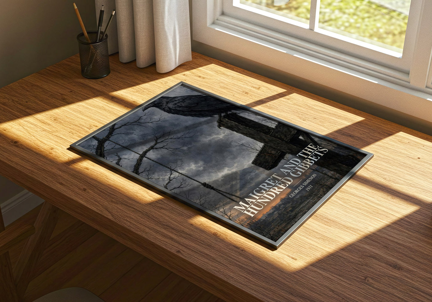 Maigret And The Hundred Gibbets watercolour book poster framed on wall – mystery wall art
