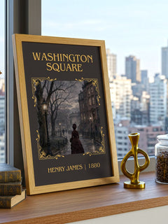 Washington Square Classic Book Art Print by Henry James – framed print on a city-view windowsill