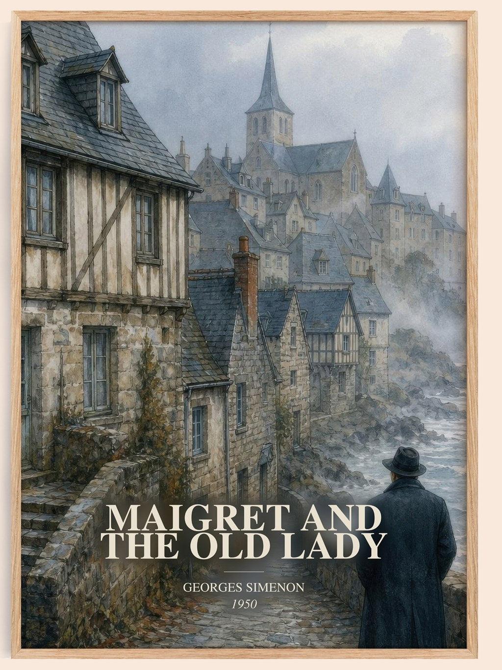 Maigret And The Old Lady watercolour book poster by Georges Simenon – framed literary art print