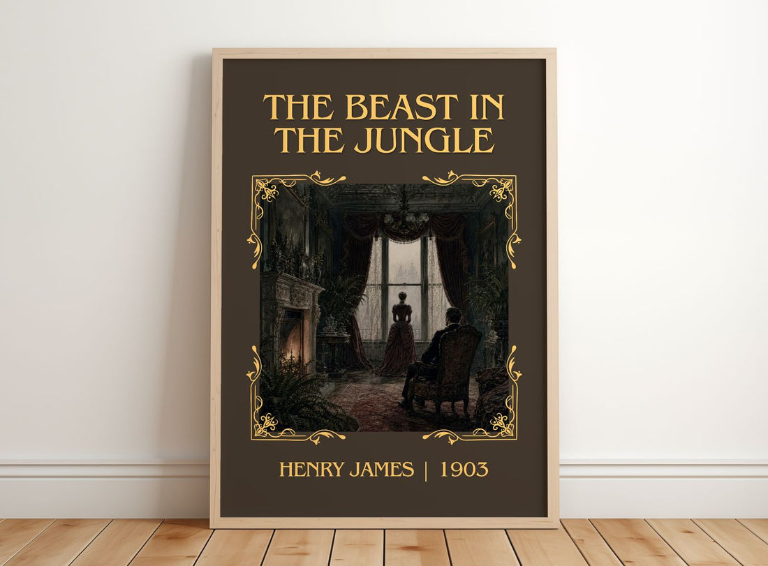 The Beast In The Jungle Classic Book Art Print by Henry James – framed print leaning on a wooden floor