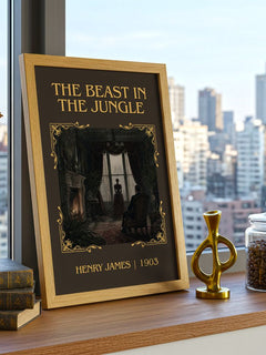 The Beast In The Jungle Classic Book Art Print by Henry James – framed print on a city-view windowsill