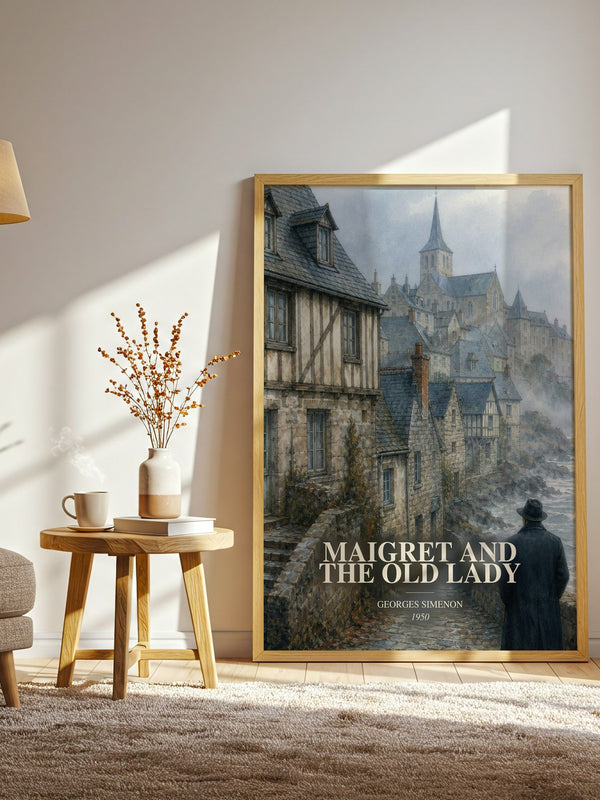 Maigret And The Old Lady watercolour print in frame leaning in hallway – mystery wall art