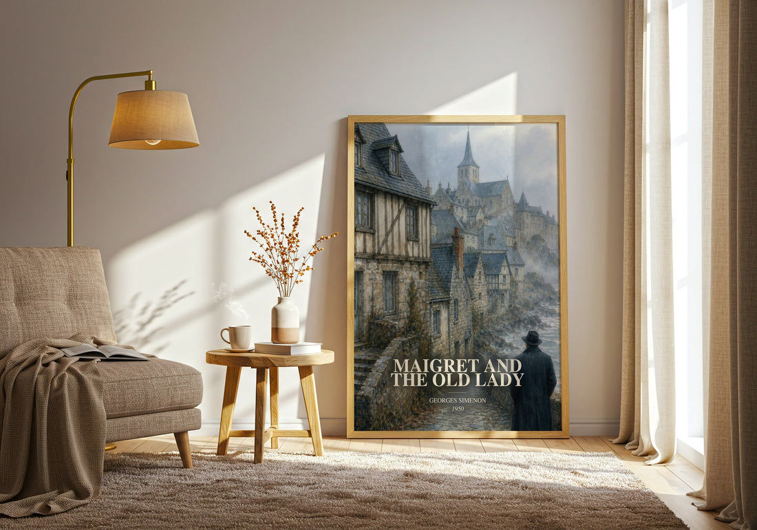 Maigret And The Old Lady watercolour print in frame leaning in hallway – mystery wall art (mockup)