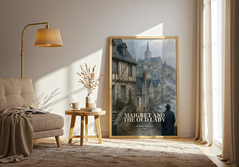Maigret And The Old Lady watercolour print in frame leaning in hallway – mystery wall art