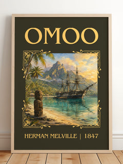 Omoo Classic Book Art Print by Herman Melville – framed print leaning on a wooden floor