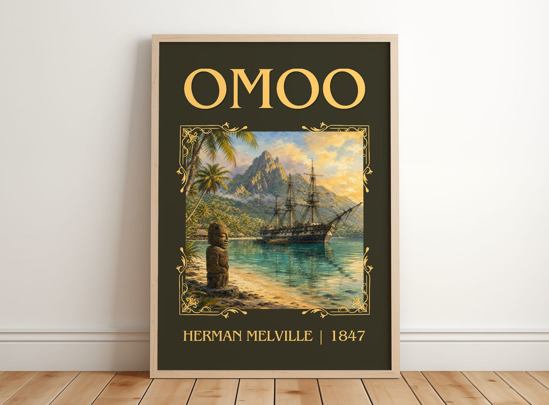 Omoo Classic Book Art Print by Herman Melville – framed print leaning on a wooden floor
