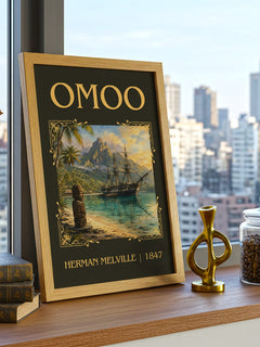 Omoo Classic Book Art Print by Herman Melville – framed print on a city-view windowsill