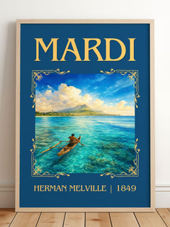 Mardi Classic Book Art Print by Herman Melville – framed print leaning on a wooden floor