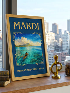 Mardi Classic Book Art Print by Herman Melville – framed print on a city-view windowsill