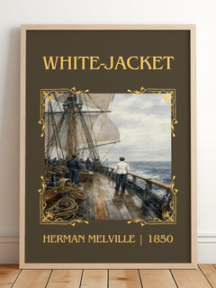 White-Jacket Classic Book Art Print by Herman Melville – framed print leaning on a wooden floor