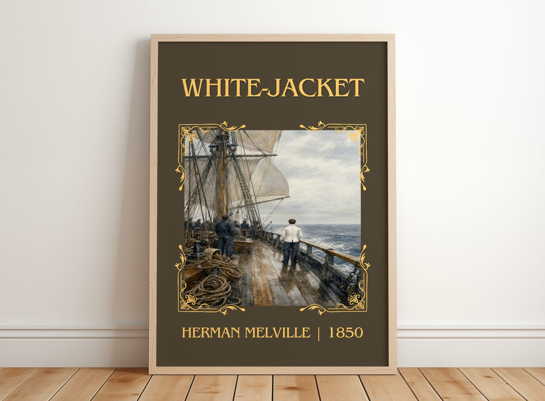 White-Jacket Classic Book Art Print by Herman Melville – framed print leaning on a wooden floor