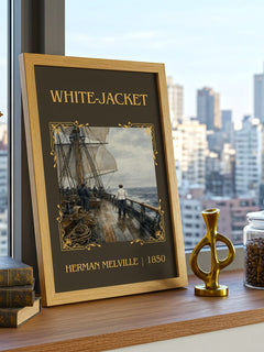 White-Jacket Classic Book Art Print by Herman Melville – framed print on a city-view windowsill