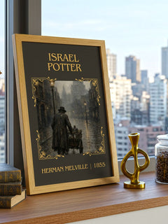 Israel Potter Classic Book Art Print by Herman Melville – framed print on a city-view windowsill