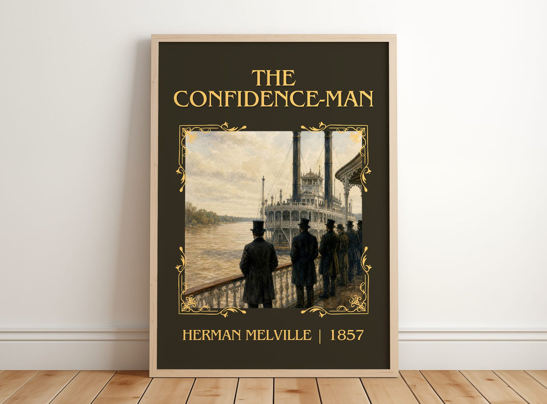 The Confidence-Man Classic Book Art Print by Herman Melville – framed print leaning on a wooden floor