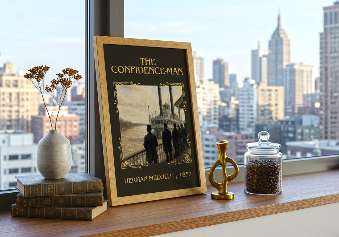 The Confidence-Man Classic Book Art Print by Herman Melville – framed print on a city-view windowsill