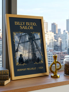 Billy Budd, Sailor Classic Book Art Print by Herman Melville – framed print on a city-view windowsill