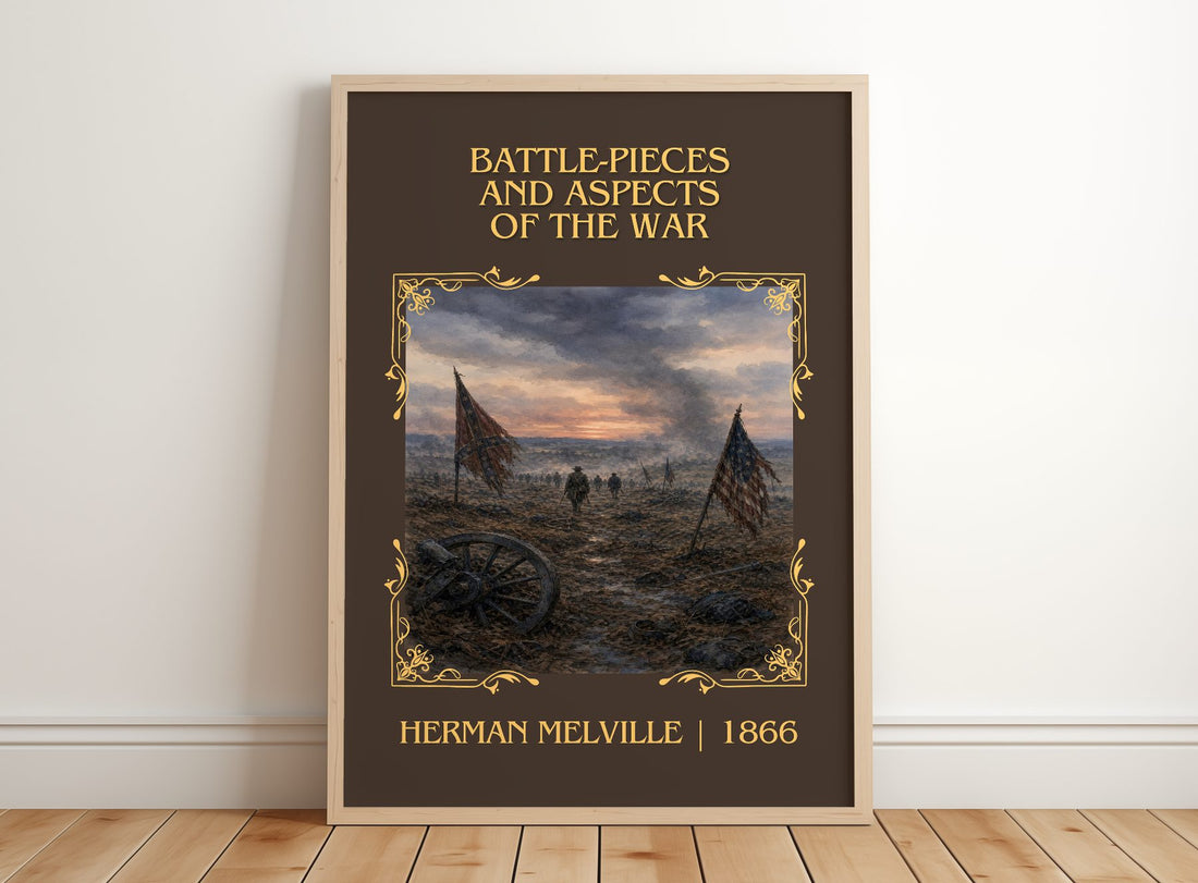 Battle-Pieces And Aspects Of The War Classic Book Art Print by Herman Melville – framed print leaning on a wooden floor
