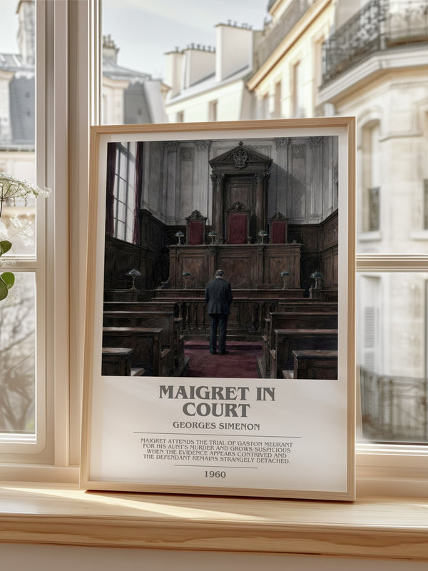 Maigret In Court Bookish Wall Art by Georges Simenon – framed print by a bright window