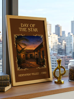Day Of The Star Classic Book Art Print by Hernando Téllez – framed print on a city-view windowsill