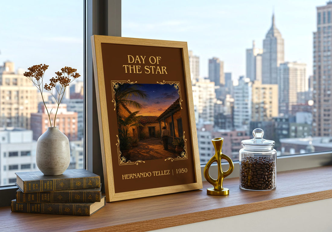 Day Of The Star Classic Book Art Print by Hernando Téllez – framed print on a city-view windowsill
