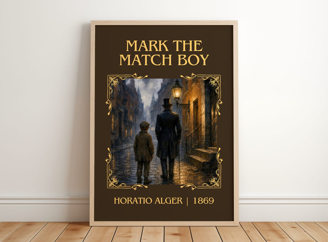 Mark The Match Boy Classic Book Art Print by Horatio Alger – framed print leaning on a wooden floor