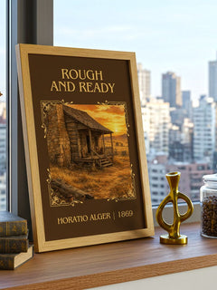 Rough And Ready Classic Book Art Print by Horatio Alger – framed print on a city-view windowsill