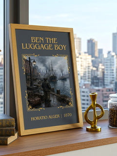 Ben The Luggage Boy Classic Book Art Print by Horatio Alger – framed print on a city-view windowsill
