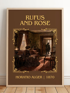 Rufus And Rose Classic Book Art Print by Horatio Alger – framed print leaning on a wooden floor