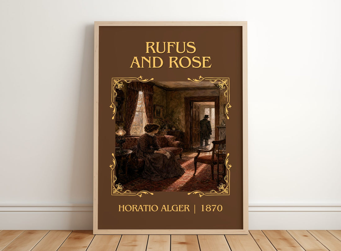 Rufus And Rose Classic Book Art Print by Horatio Alger – framed print leaning on a wooden floor