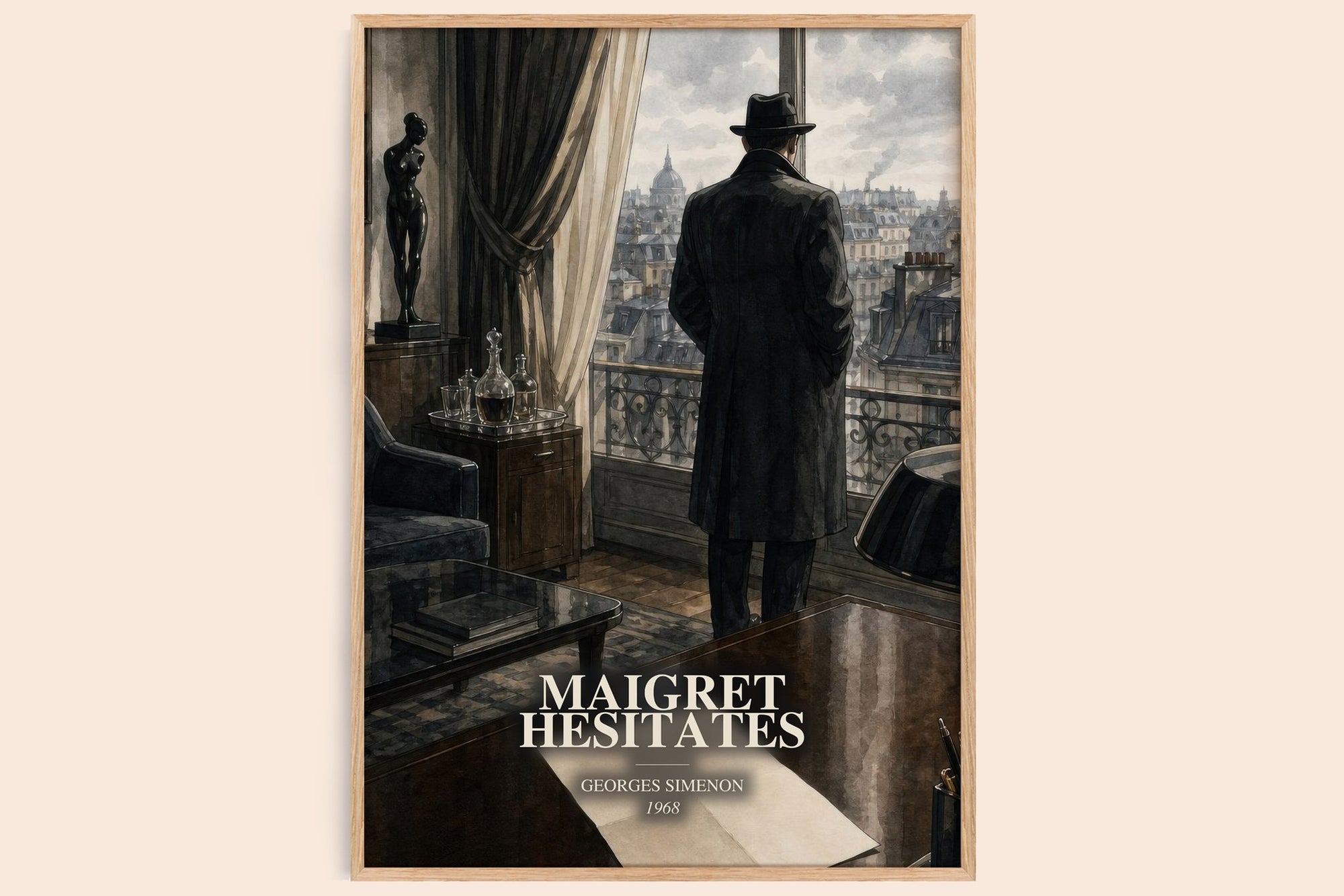 Maigret Hesitates watercolour book poster by Georges Simenon – framed literary art print