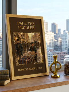 Paul The Peddler Classic Book Art Print by Horatio Alger – framed print on a city-view windowsill