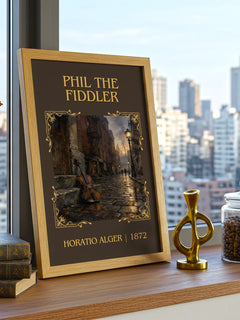 Phil The Fiddler Classic Book Art Print by Horatio Alger – framed print on a city-view windowsill
