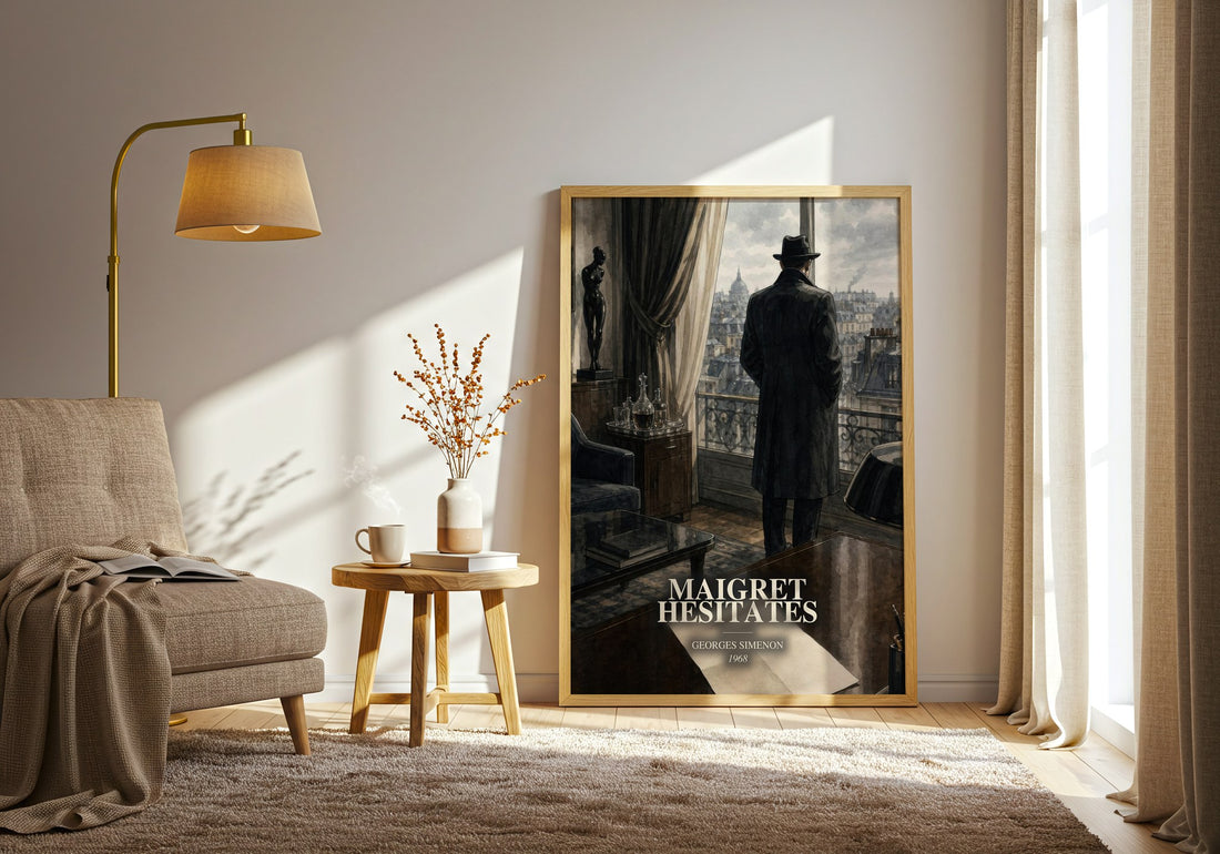 Maigret Hesitates watercolour print in frame leaning in hallway – mystery wall art (mockup)