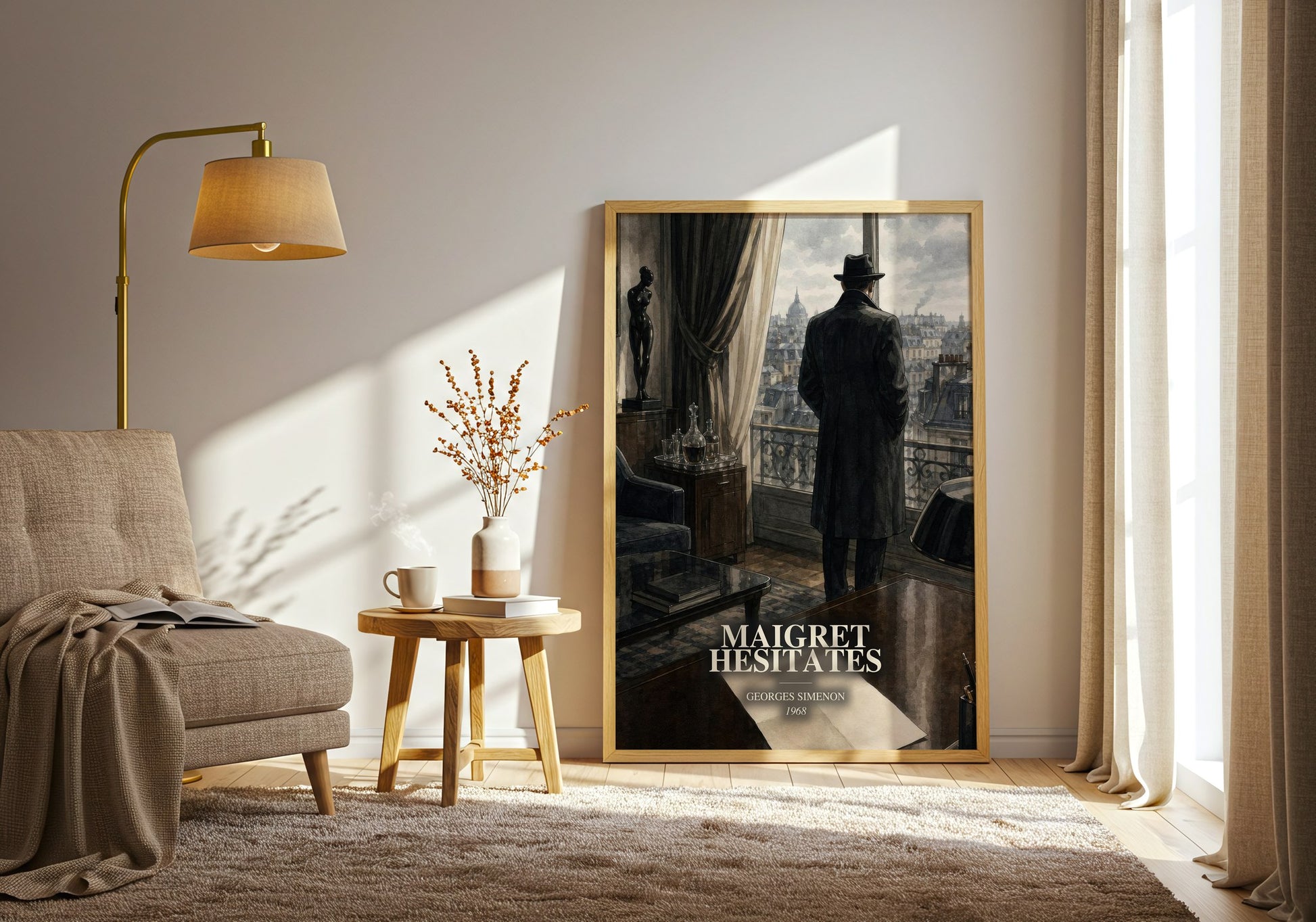 Maigret Hesitates watercolour print in frame leaning in hallway – mystery wall art