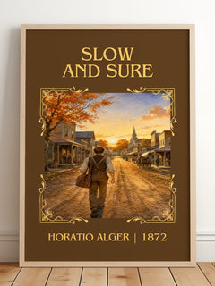 Slow And Sure Classic Book Art Print by Horatio Alger – framed print leaning on a wooden floor