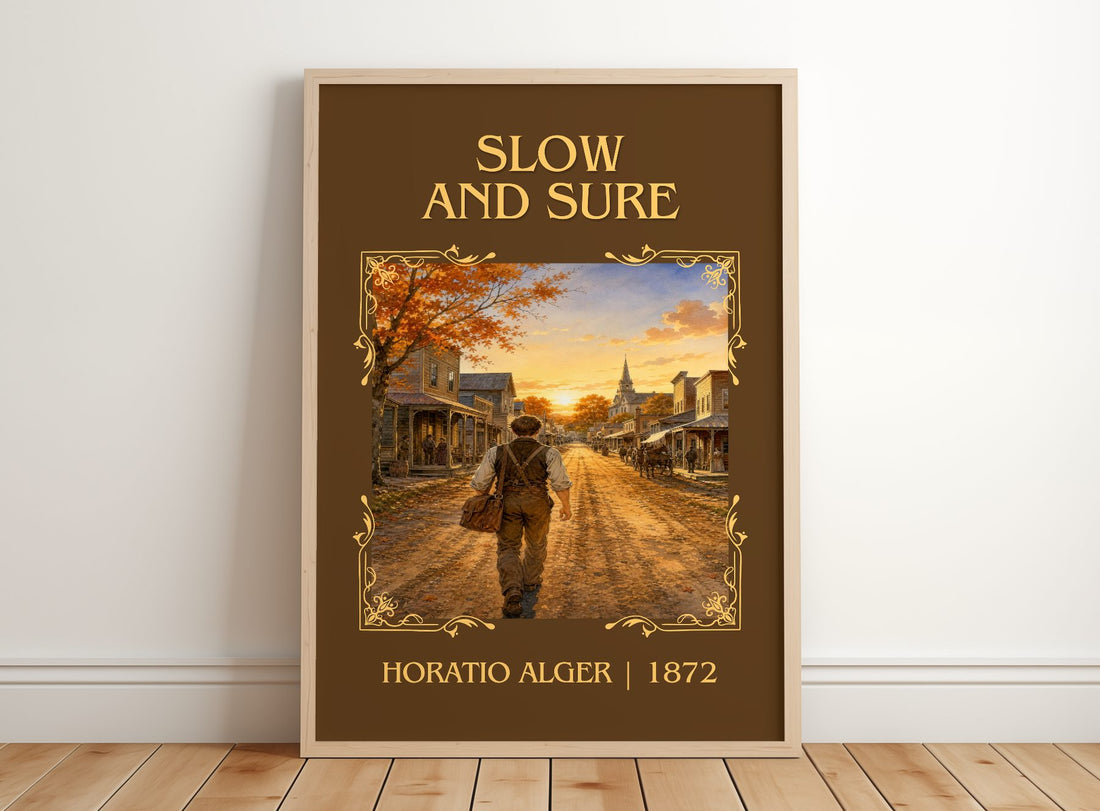 Slow And Sure Classic Book Art Print by Horatio Alger – framed print leaning on a wooden floor