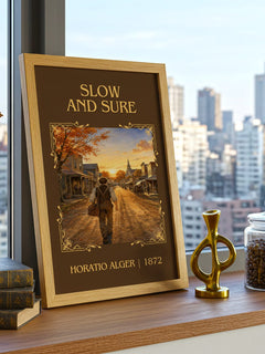 Slow And Sure Classic Book Art Print by Horatio Alger – framed print on a city-view windowsill