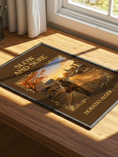 Slow And Sure Classic Book Art Print by Horatio Alger – print on a sunlit desk