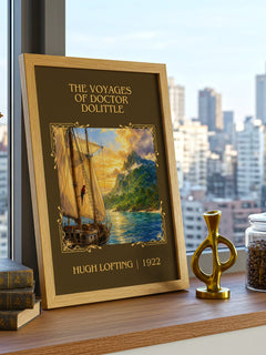 The Voyages Of Doctor Dolittle Classic Book Art Print by Hugh Lofting – framed print on a city-view windowsill