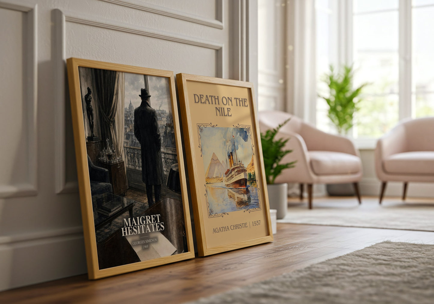 Maigret Hesitates watercolour print framed by window – literary home decor