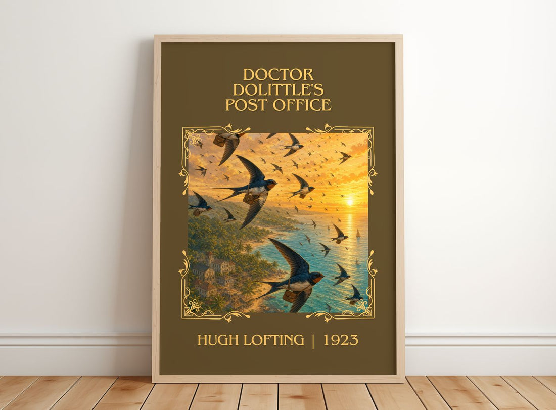 Doctor Dolittle's Post Office Classic Book Art Print by Hugh Lofting – framed print leaning on a wooden floor